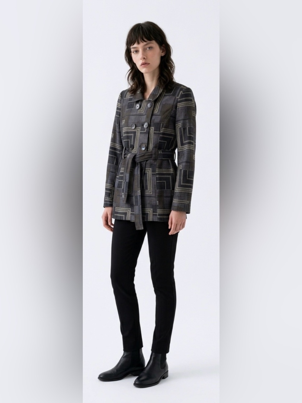 Sharagano Geometric-Print Double-Breasted Trench Coat - Gray